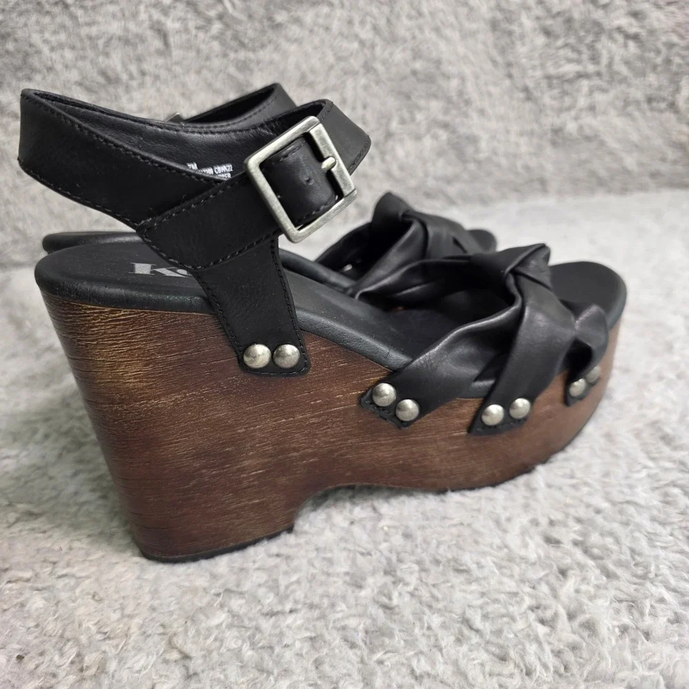 Korks Platform Wedge Sandals Black Studded Knotted‎ Ankle Strap Womens 7M Exc